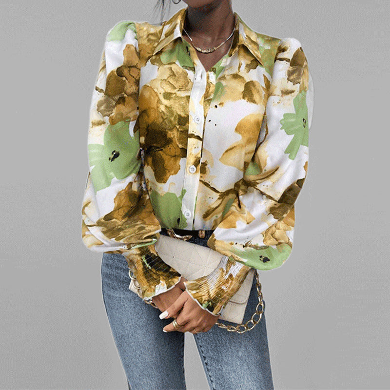 Street-Wave Women's Oversized Floral Shirt with Puff Sleeves
