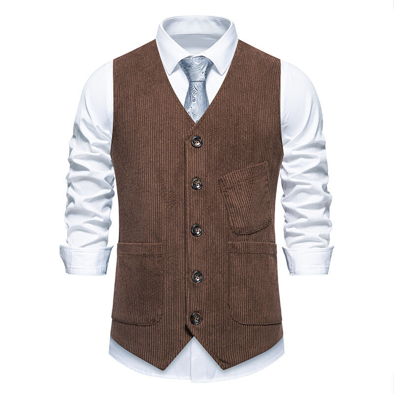 Elegant Mens Corduroy Vest With Practical Pockets And Textured Design By Street-wave For Formal Occasions