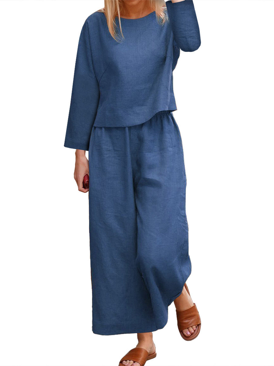 Streetwave Linen Lounge Set For Women With Long Sleeve Top And Wide Leg Pants Relaxed Fit Comfort