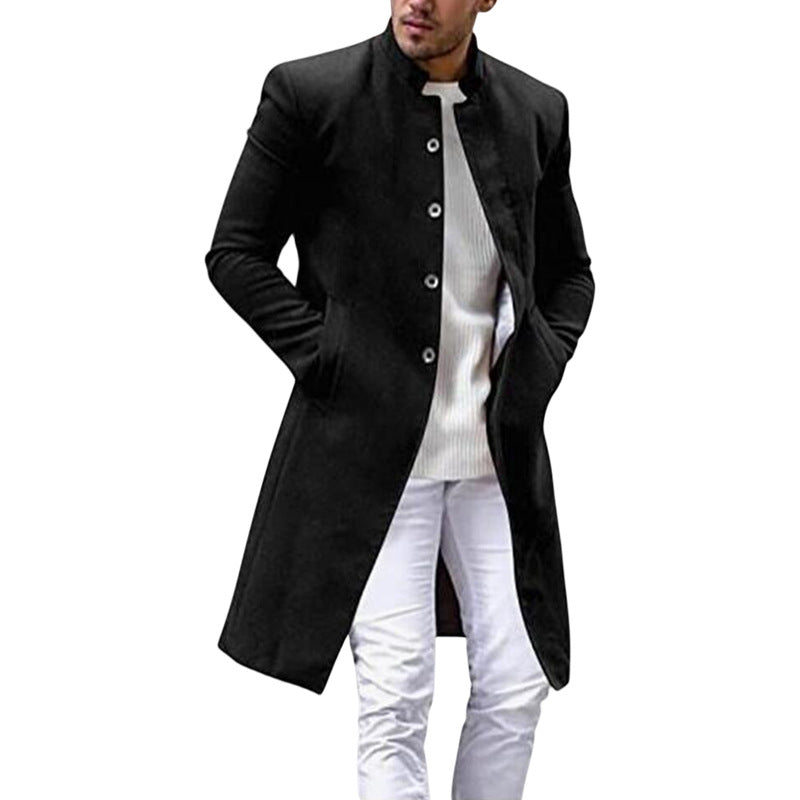 Street-Wave Men's Elegant Long Coat With Slim Fit And High Collar For Modern City Gentlemen