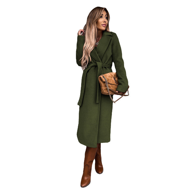Street-Wave Womens Elegant Long Coat With Belt And Pockets Timeless Warm Outerwear For Chic Women
