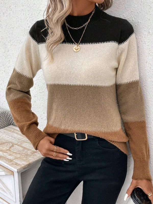 Street Wave Women Color Block Knit Sweater Crewneck Cozy Transitional Fashion Essential For Fall
