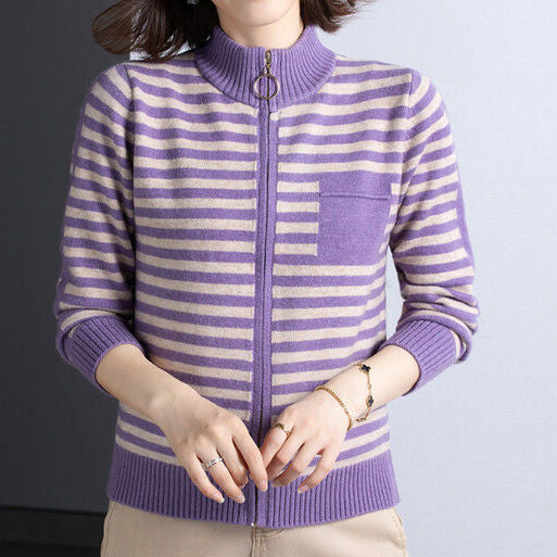 Street-wave Womens Knit Cardigan With Stand Collar And Zip Striped Cozy Layer For Women