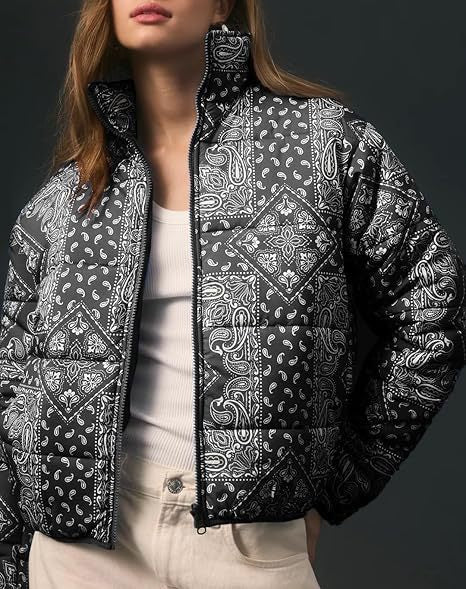 Street-wave Quilted Jacket for Women Paisley Pattern Warm Insulated Coat with Cozy Fit