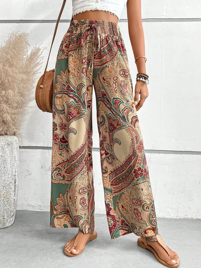 Street-Wave Women Wide-Leg Paisley Print Pants Elastic Waist for Summer Comfort and Everyday Style