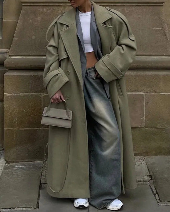 Street-wave Fjord Long Wool Trench Coat With Premium Lang Wool Warmth Timeless Design For Cold Weather Fashion Lovers