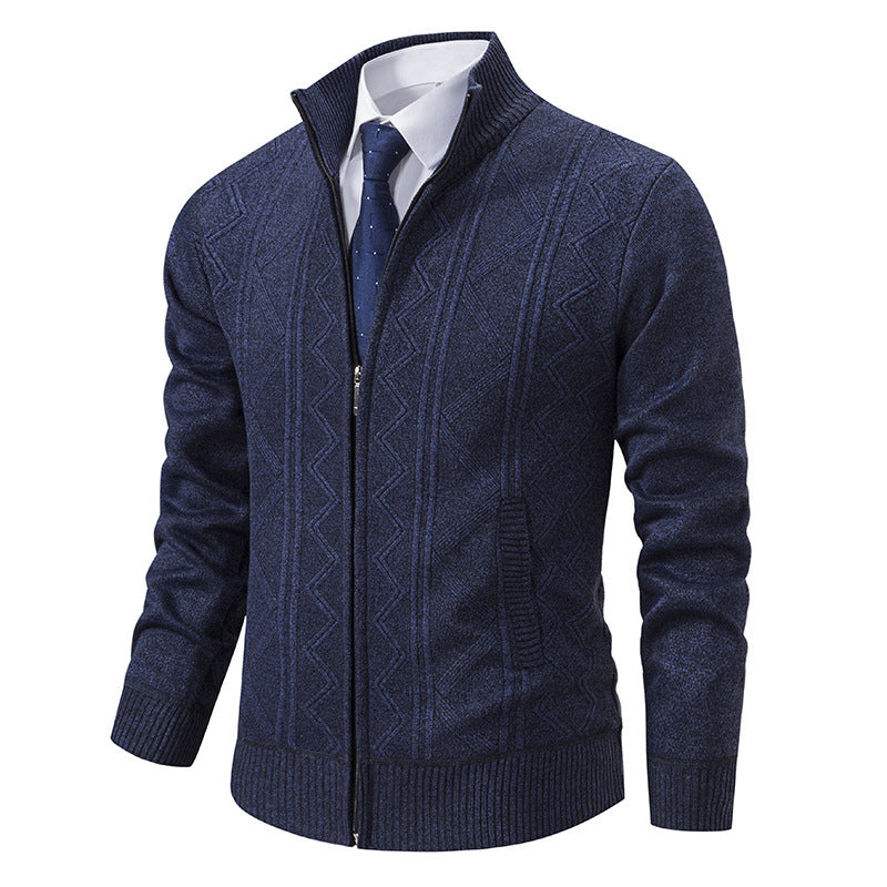 Street-Wave Mens Cable Knit Cardigan With Modern Zigzag Pattern For Smart Casual Comfort