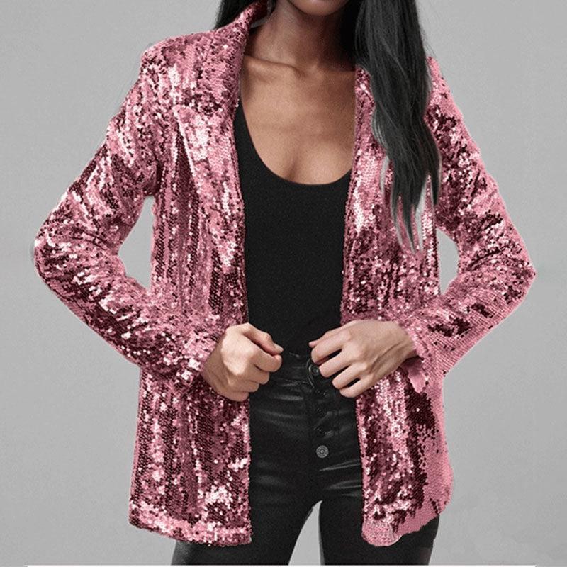 Women's Blazer – Sequin Coating – Tailored Fit – Open Front and Long Sleeves