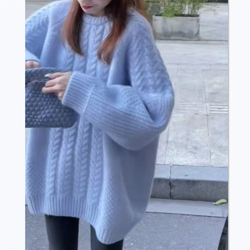 Street-Wave Chunky Knit Sweater For Women Cozy Wool With Cable Knit Pattern And Dropped Shoulders
