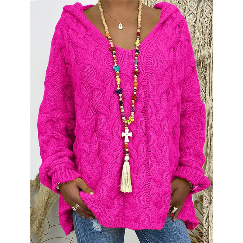 Streetwave Womens Chunky Knit Hoodie With V Neck And Decorative Drawstring For Cozy Everyday Comfort