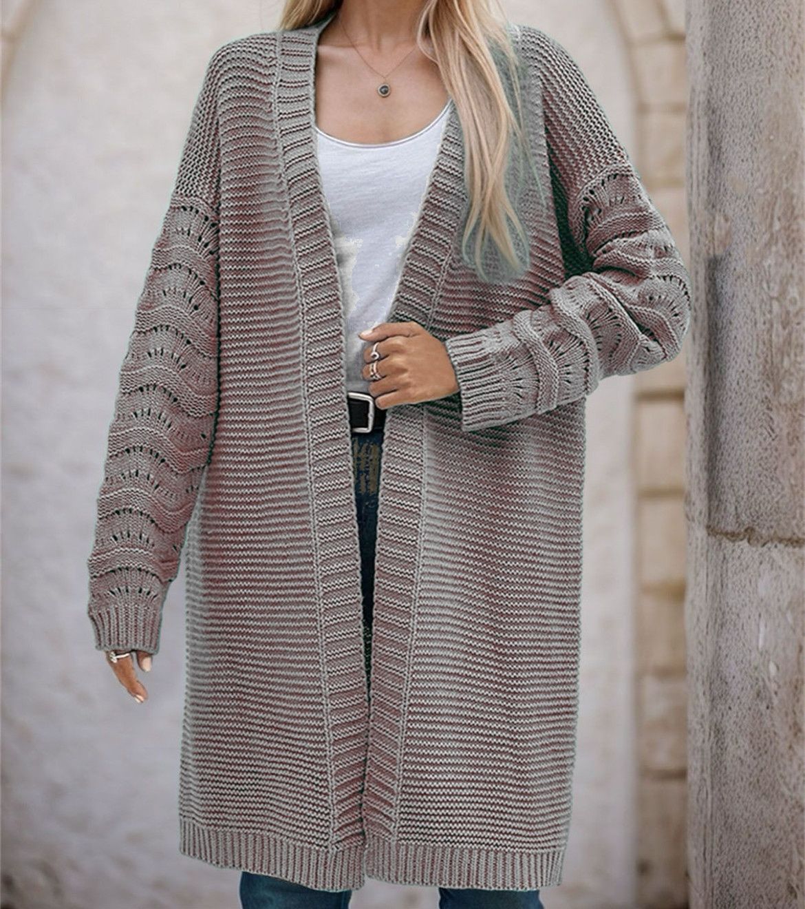 Street-wave Women Long Knit Cardigan With Airy Mesh Knit Open Front For Cozy Everyday Style