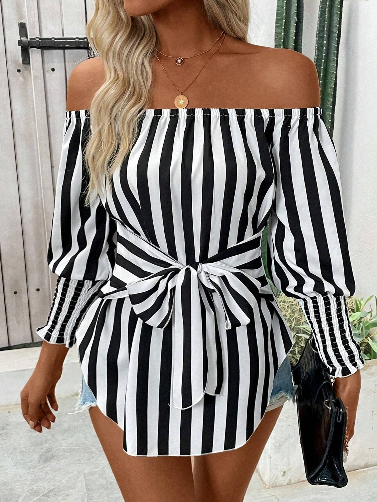 Street-wave Striped Off Shoulder Top With Waist Tie For Women Chic Summer Essential