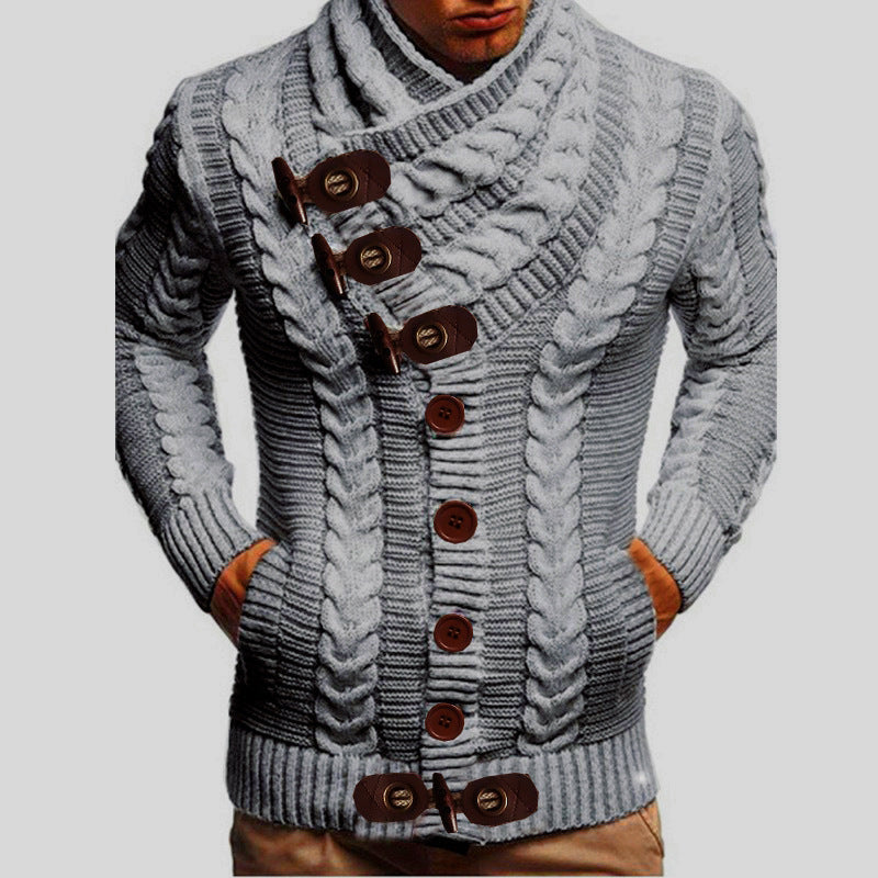 Street Wave Men's Cable Knit Cardigan With Large Collar And Bold Cable Pattern Versatile Style