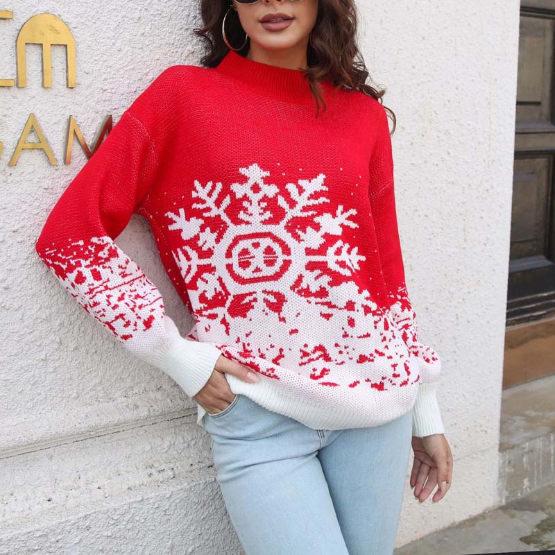 Street Wave Jacquard Christmas Sweater For Women Cozy Cotton Acrylic Knit Lantern Sleeves Warm Winter Knit
