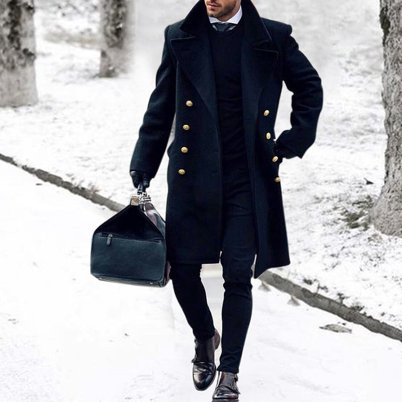 Streetwave Mens Elegant Long Coat With Double Breasted Front And Wide Lapel Premium Outerwear