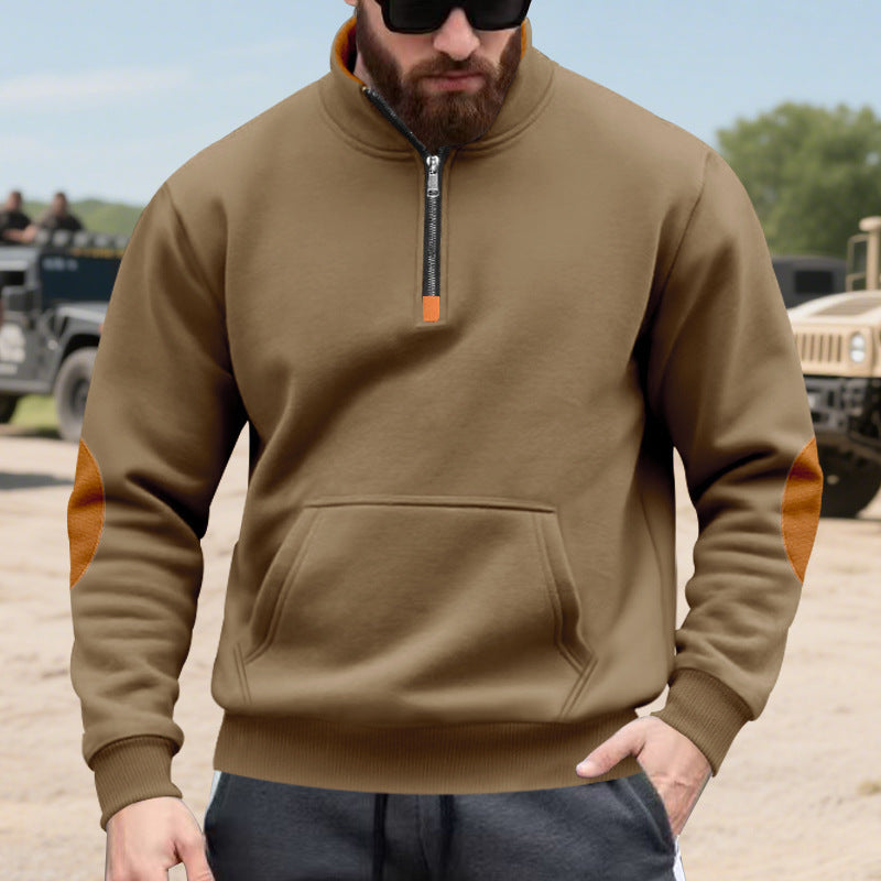 Street Wave Men's Hoodie With Stand Up Collar And Contrast Elbow Patch Details For Modern Comfort