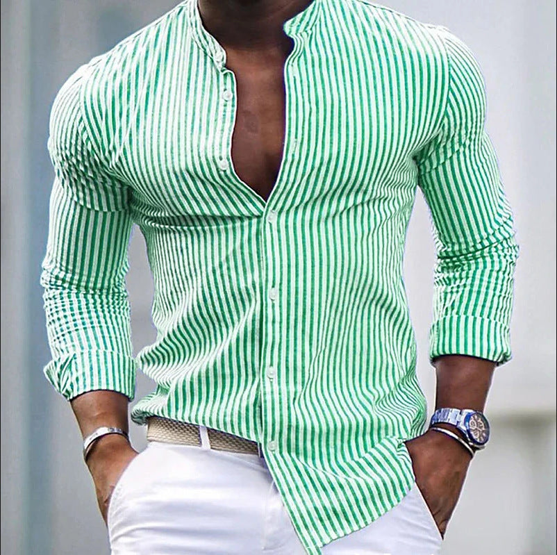 Streetwave Mens Striped Long Sleeve Shirt With Modern Stand Collar Versatile Comfort
