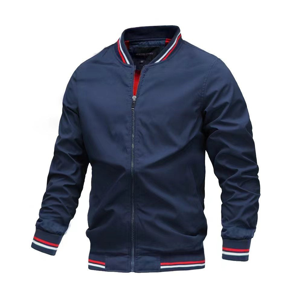 Mens Casual Jacket Slim Fit Stand Collar Zip Front Closure With Ribbed Cuffs Lightweight Bomber Style Outerwear