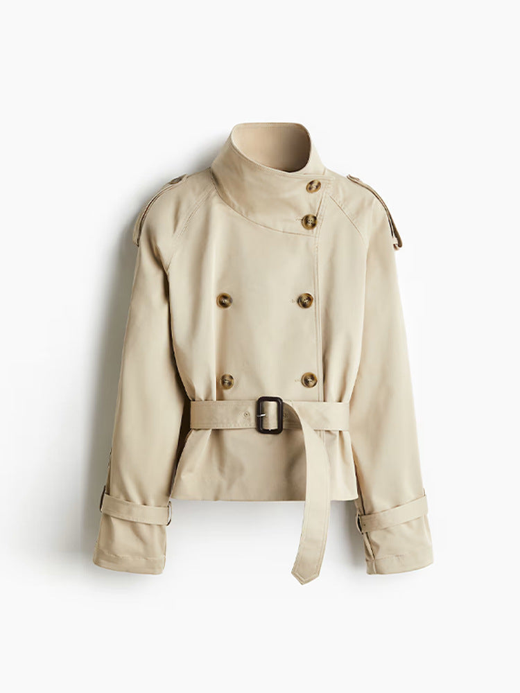 Street-wave Womens Cropped Trench Coat Jacket With Wide Collar Belt For Modern Day To Night Chic Style