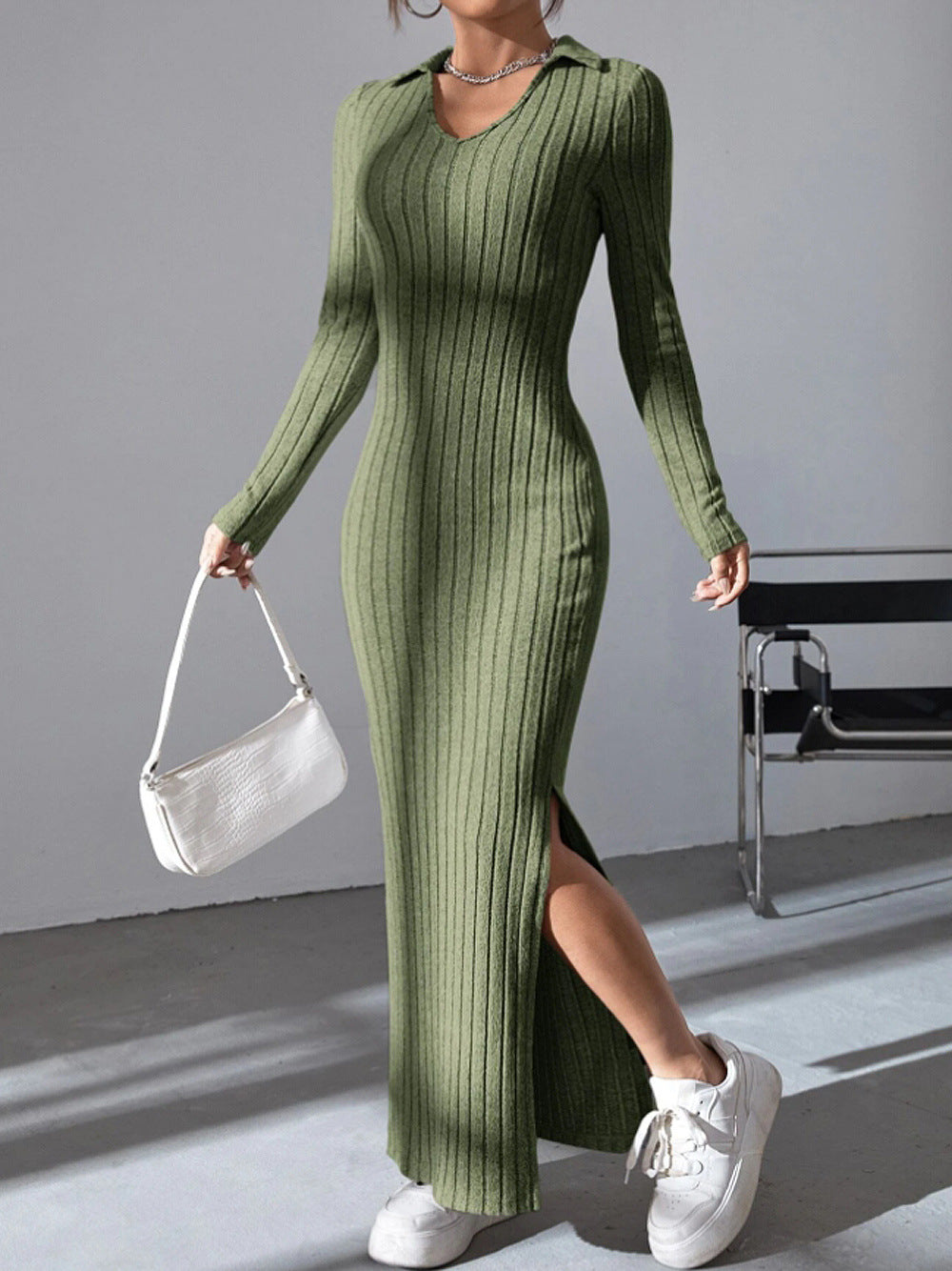 Streetwave Women Maxi Dress With Structured V Neck And Side Slits For Elegant Comfort