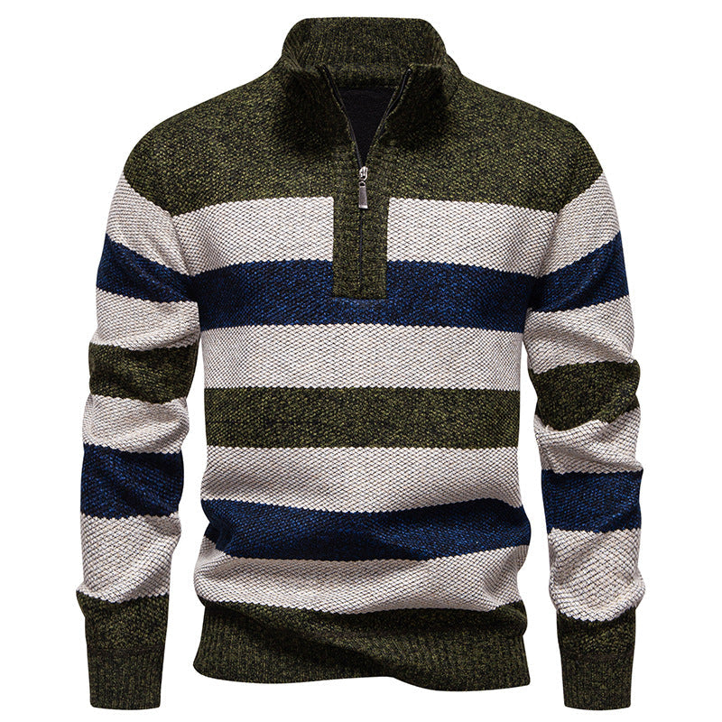 Mens Striped Knit Pullover With Half Zip Mock Neck Breathable Cotton Blend Street-wave