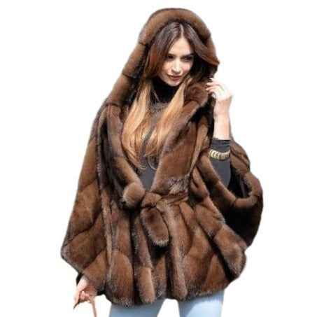 Damen Elegantes Kunstpelz-Cape mit voluminösem Kapuzenkragen und Gürtel Street-wave - Street-wave