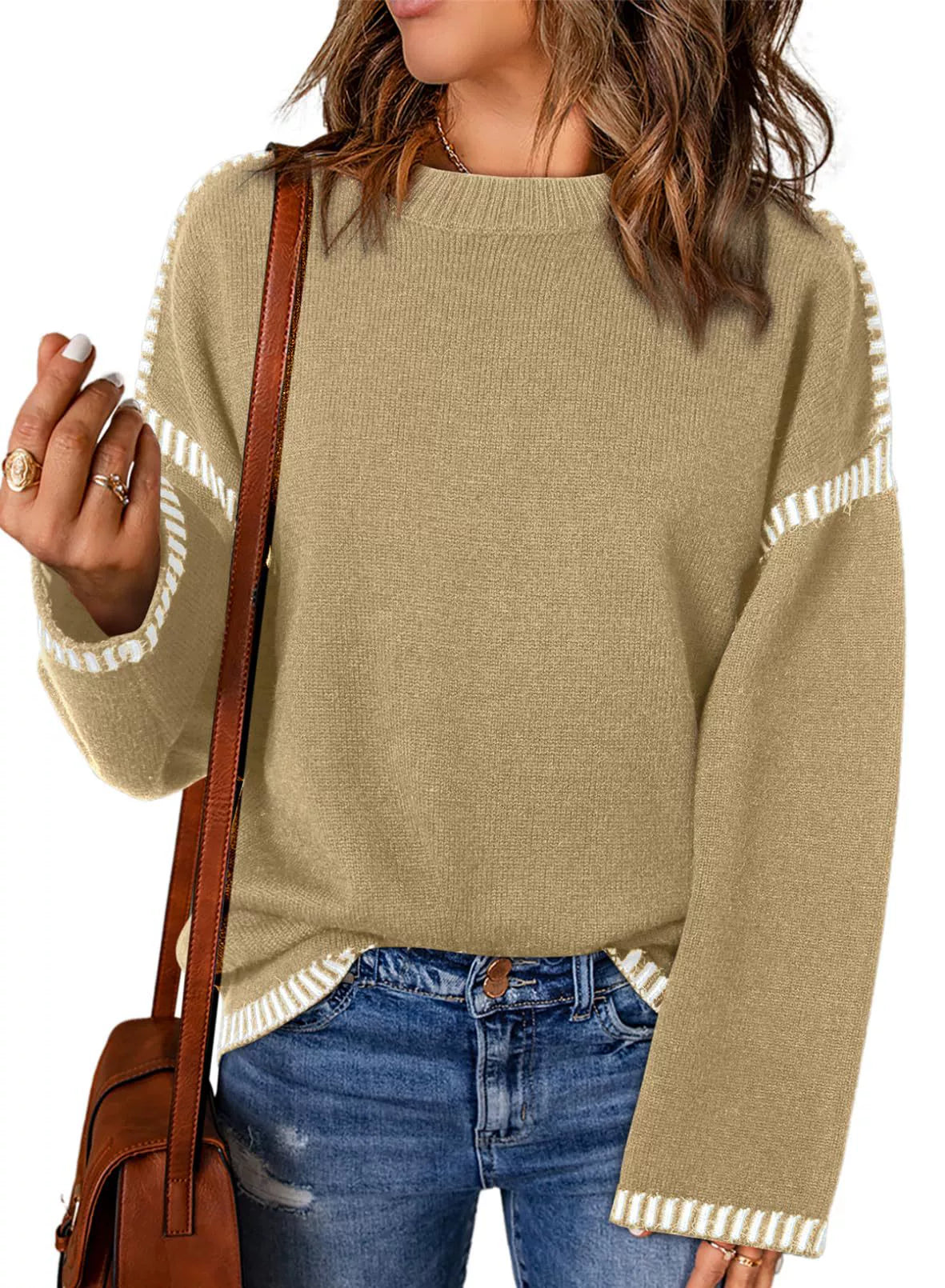 Street-Wave Loose Fit Cable Knit Crewneck Sweater Long Sleeve With Stripe Trim For Women