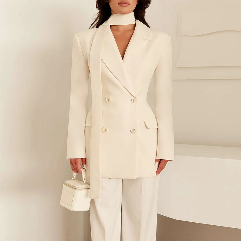 Street-Wave Women's Elegant Tailored Blazer With Scarf, Double-Breasted, Sleek Fit For Work Or Evening
