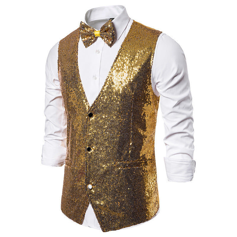 Street-wave Men's Glitter Sequin Festive Vest With Bow Tie Glamorous Partywear For Men