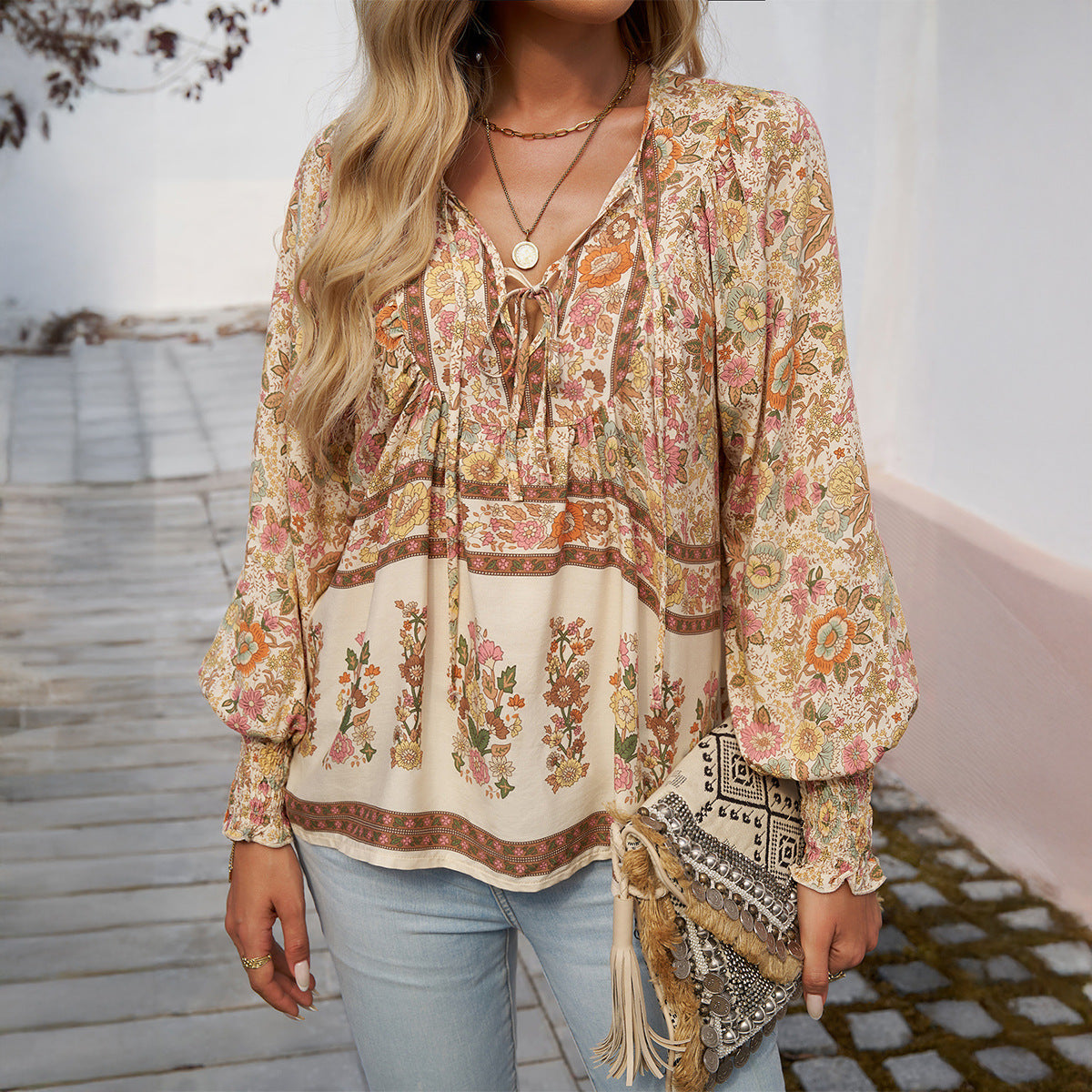 Women's Blouse – Light Rayon – Relaxed Fit – Bow Neck – Long Sleeves Boho Print