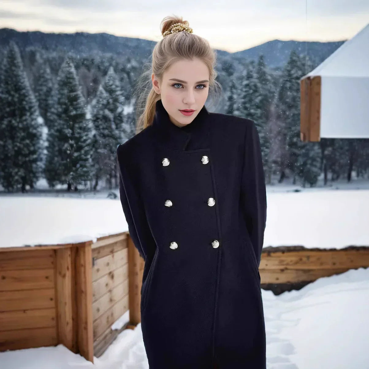 Street Wave Womens Wool Coat With Double Button Front And High Collar For Winter Warmth And Elegant Street Style