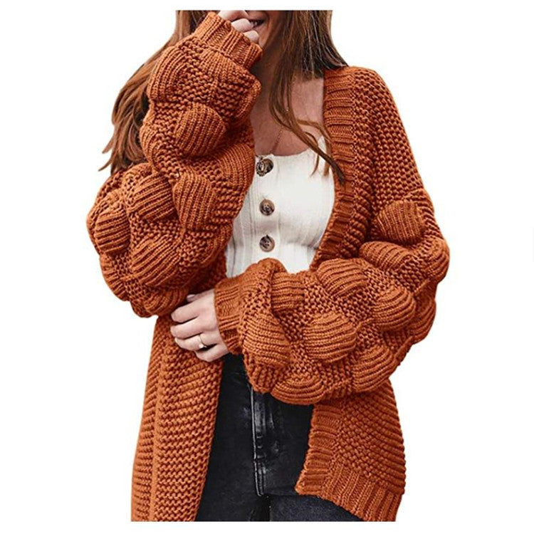 Street-wave Women's Chunky Knit Cardigan With Voluminous Sleeves For Cozy Everyday Style