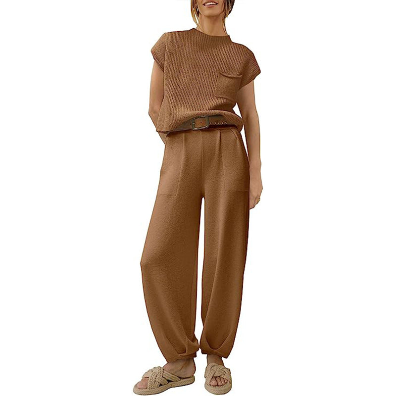 Street Wave Women's Knit Set Cropped Top Chest Pocket High Waist Wide Pants
