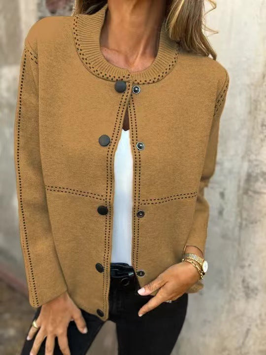 Street-wave Women's All-Season Loose Knit Cardigan With Button Front Placket And Decorative Stitching