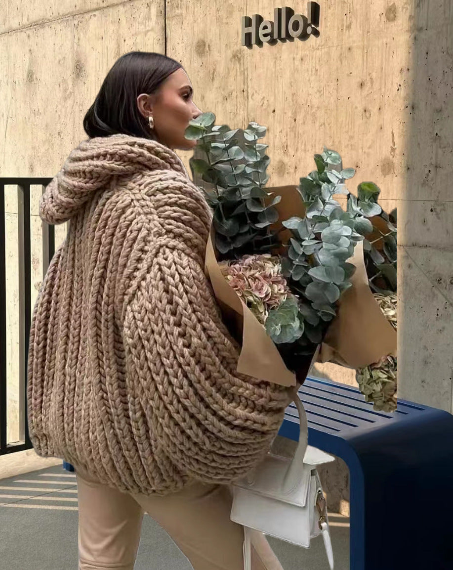 Streetwave Women Chunky Knit Hoodie Jacket With Oversized Fit And Deep Collar Soft Wool Warm Everyday Essential
