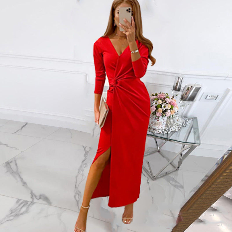 Street-wave Wrap Dress With Deep V Neck And High Slit Elegant Evening Wear For Women