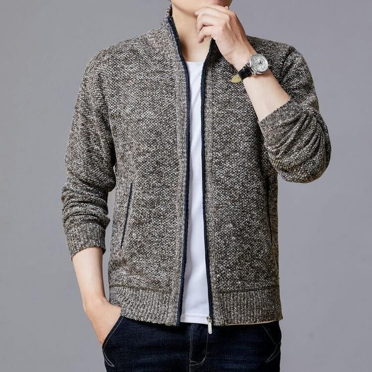 Streetwave Mens Knit Cardigan With Modern Zipper And High Collar For Stylish Transitional Wear