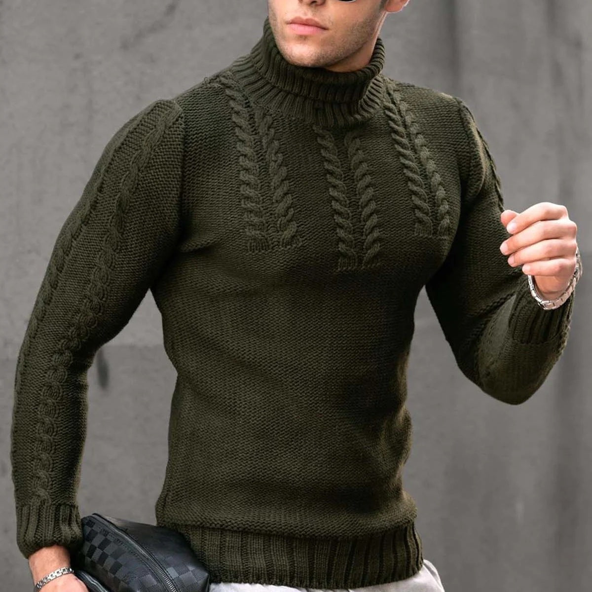 Street-Wave Men's Stand Collar Cable Knit Sweater for Modern Warmth and Everyday Comfort