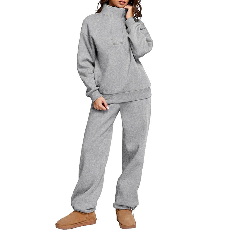Street-wave Women's Cozy Leisure Set With Stand Collar And Wide Leg Pants For Relaxed Comfort
