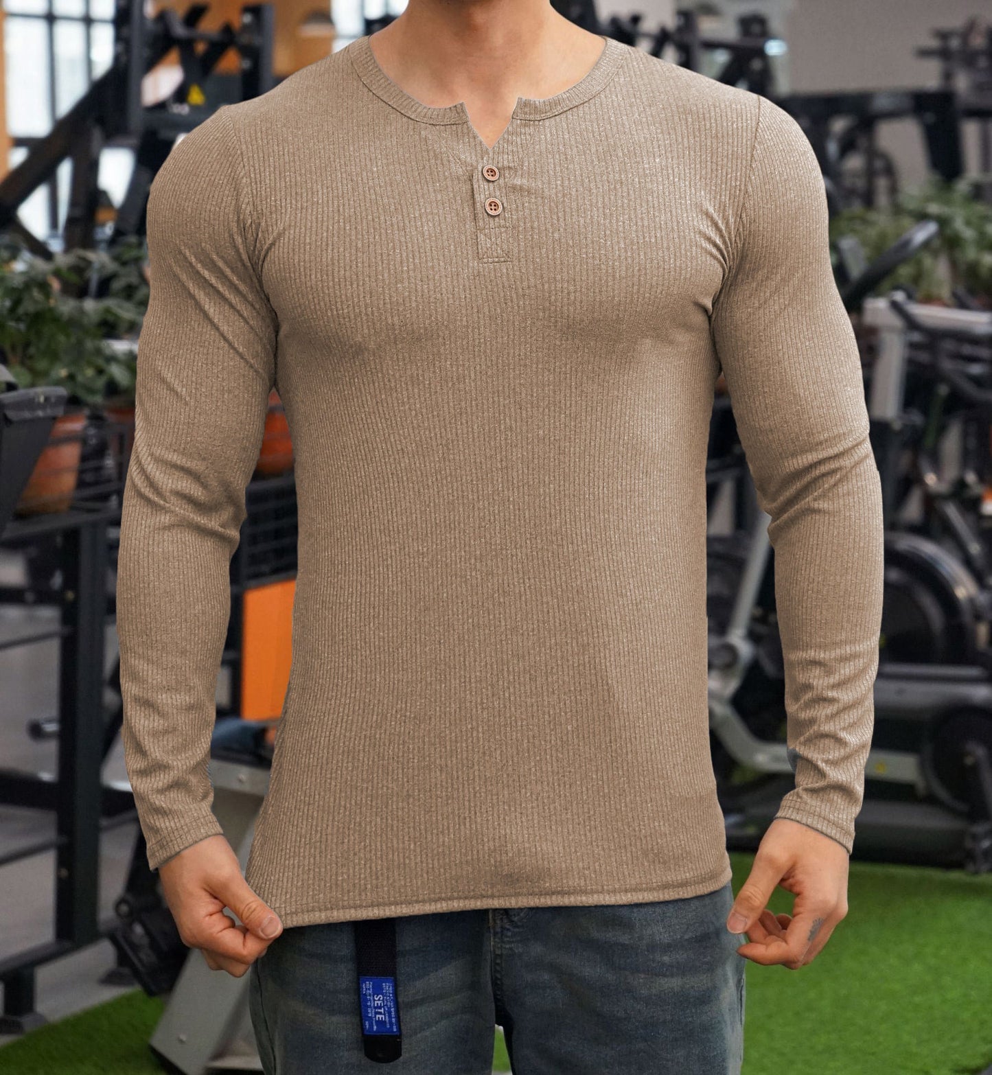 Street-Wave Mens Long Sleeve Shirt With Textured Knit Design And Button Placket For Everyday Comfort