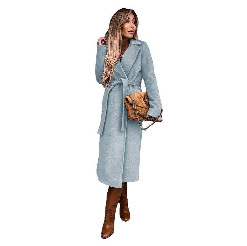 Street-Wave Womens Elegant Long Coat With Belt And Pockets Timeless Warm Outerwear For Chic Women