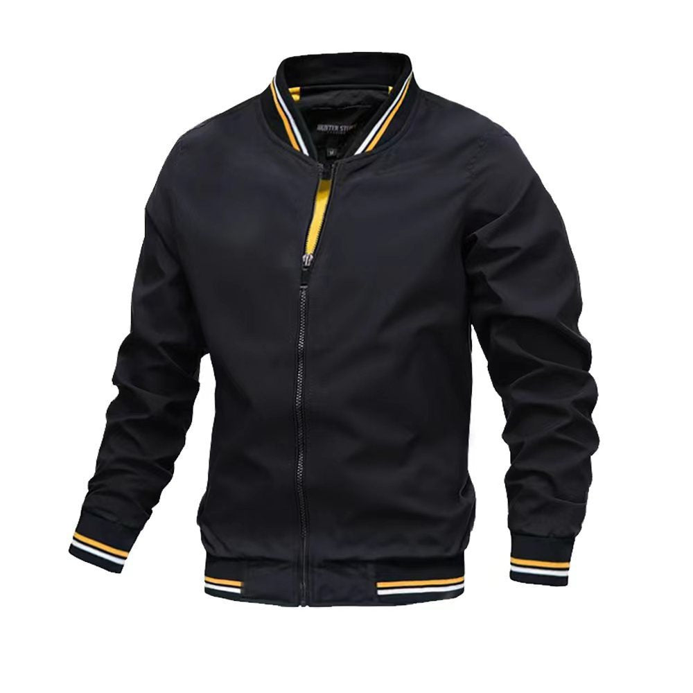 Mens Casual Jacket Slim Fit Stand Collar Zip Front Closure With Ribbed Cuffs Lightweight Bomber Style Outerwear