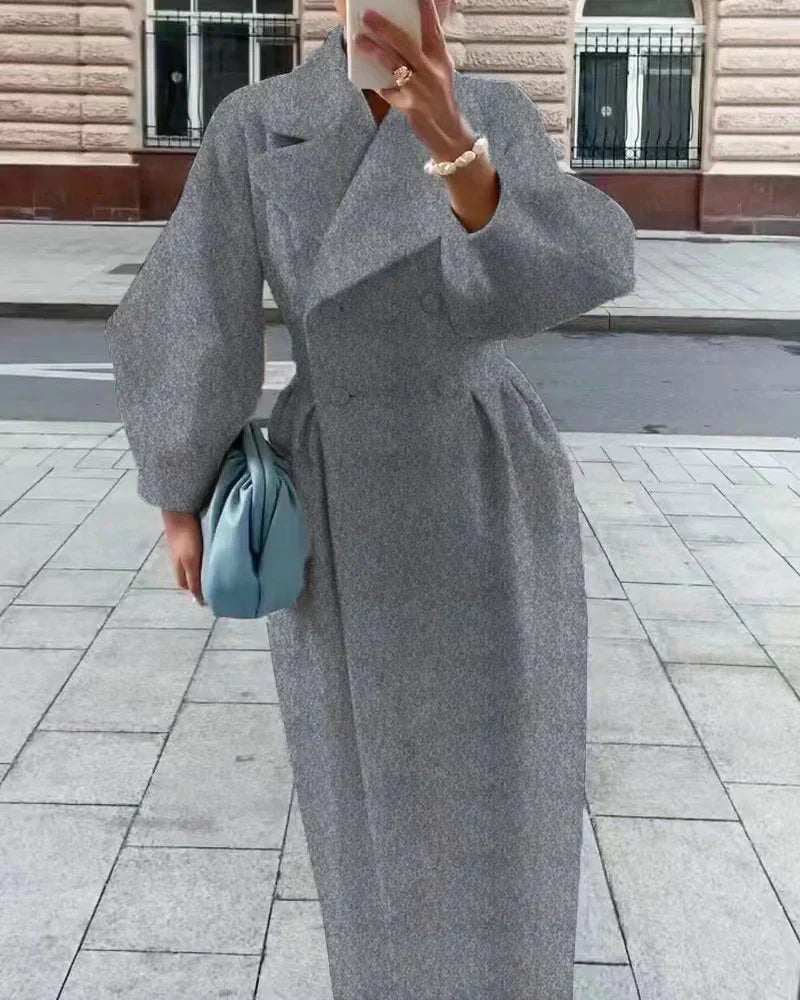 Street-Wave Womens Wool Blend Coat Double-Breasted Tailored With Wide Sleeves Elegant Collar