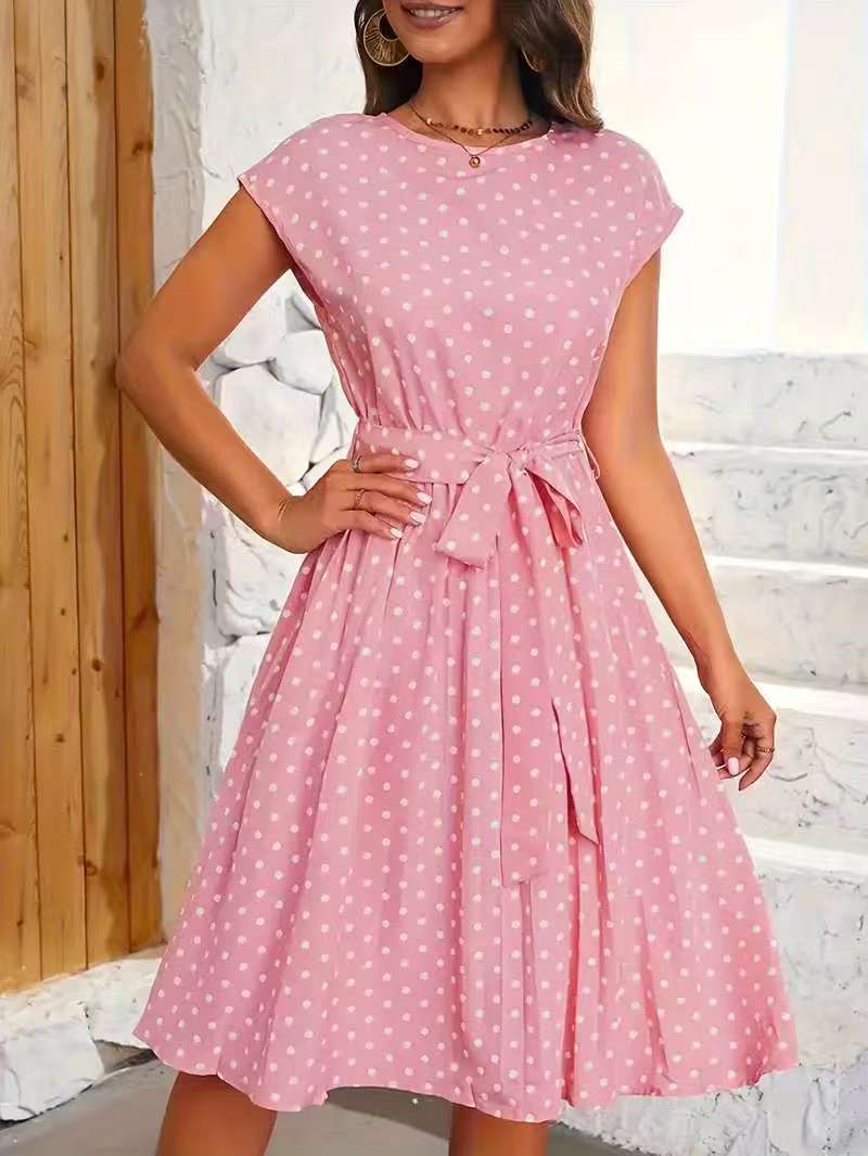 Polka Dot Midi Dress With Waist Tie Belt For Women Streetwave Chic Flattering Fit