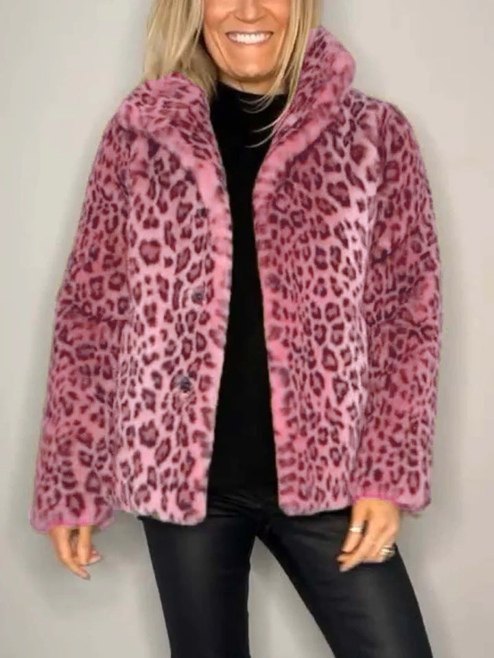 Street Wave Leopard Print Faux Fur Coat For Women Oversized Fit Lapel Collar Luxurious Style