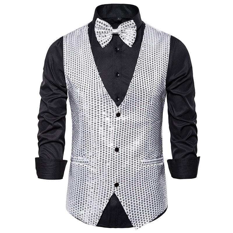 Streetwave Men Sequin Waistcoat With Matching Bow Tie Elegant Festive Vest For Weddings