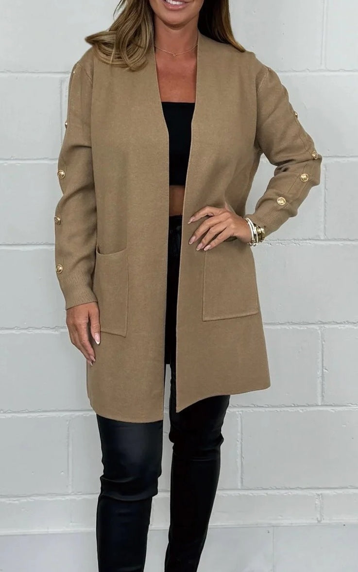 Street-wave Womens Elegant Knit Cardigan With Button Details And Pockets Timeless Chic Outerwear