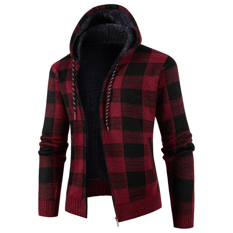 Men's Cozy Hooded Plaid Jacket Street-wave Warm Fleece Lined Winter Outerwear for Casual Wear