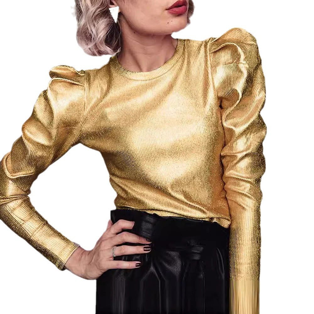 Street Wave Sparkling Top With Voluminous Sleeves For Women Elegant Evening Wear