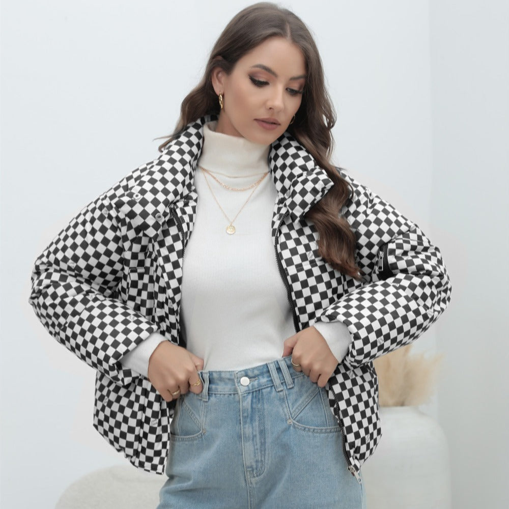 Street Wave Women Checkered Puffer Jacket For Warmth Cozy Comfort And Chic Street Style